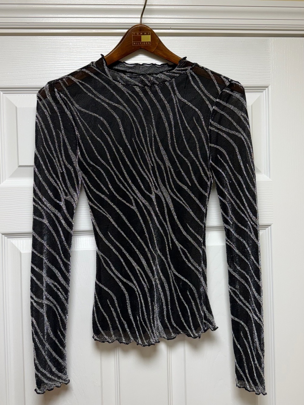 SHEIN Black Long-Sleeve Sheer Top with Silver Wave Stripes